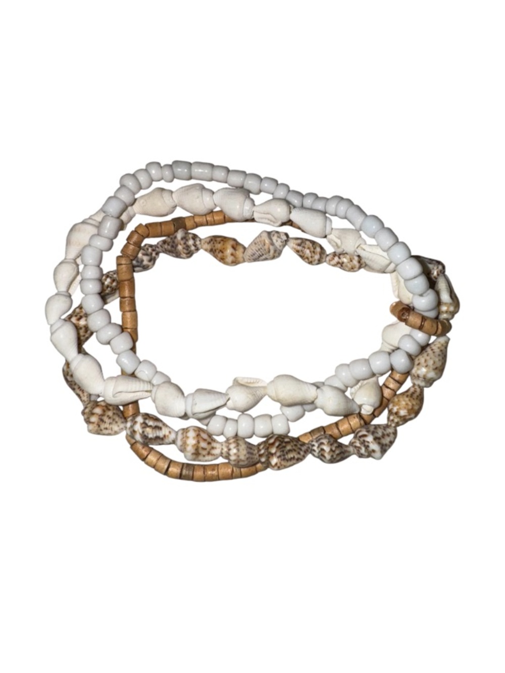 Boho Shell & Bead Stretch Bracelet Set in White and Tan
